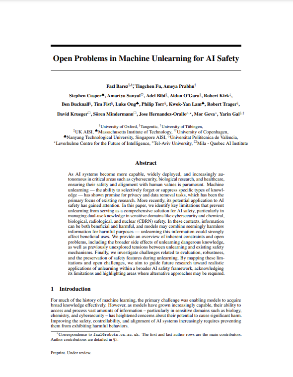 Image for Open Problems in Machine Unlearning for AI Safety