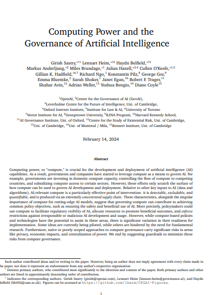 Computing Power and the Governance of Artificial Intelligence