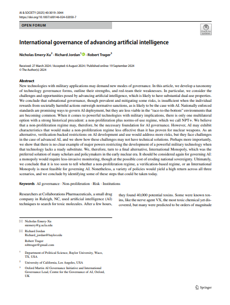 International governance of advancing artificial intelligence